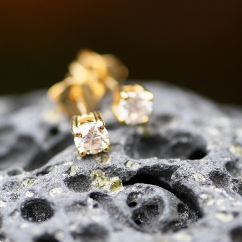 New Tiny Moissanite Stud Earrings, Yellow Gold over Sterling Silver, D VVS - Picture 2 of 8